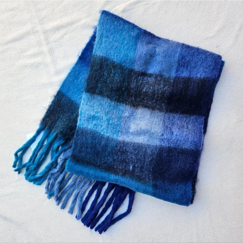 Bloomingdale's Aqua Blue Plaid Fringe Scarf